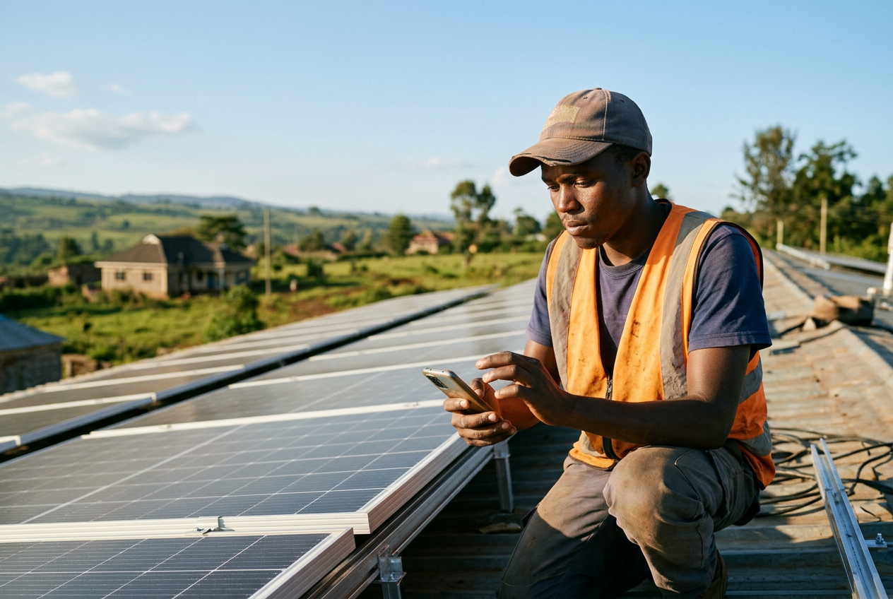 Generated image of a solar installer checking his phone beside new panels on a roof