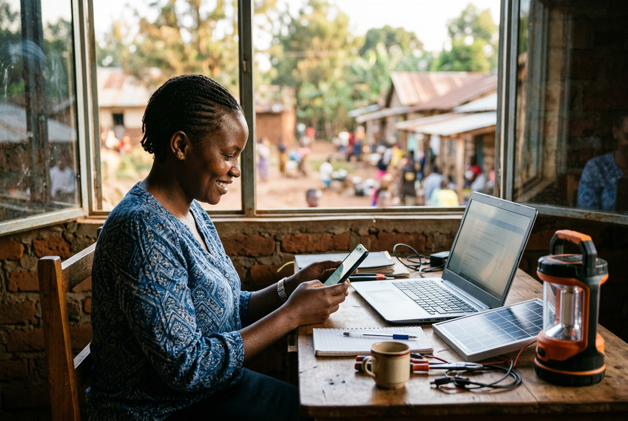 Generated image of a business owner reading a message on her phone at a desk